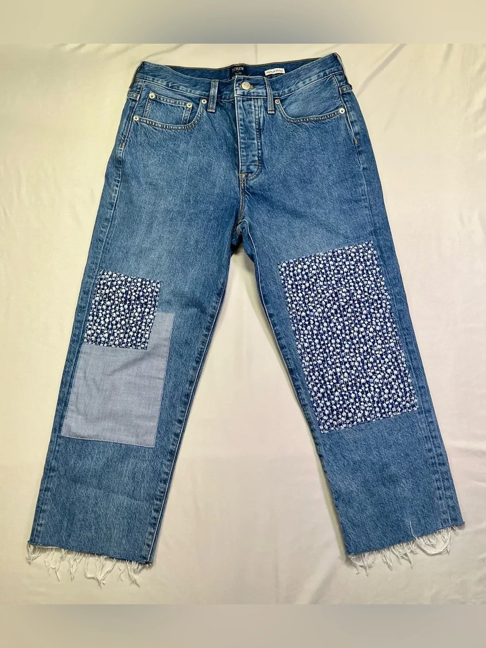 J Crew Premium Slim Boyfriend Patchwork Denim Jeans Cropped Button Fly - 28